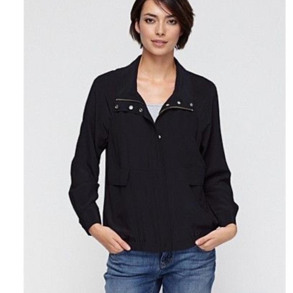 Eileen Fisher black crepe de chine silk bomber jacket Size XL